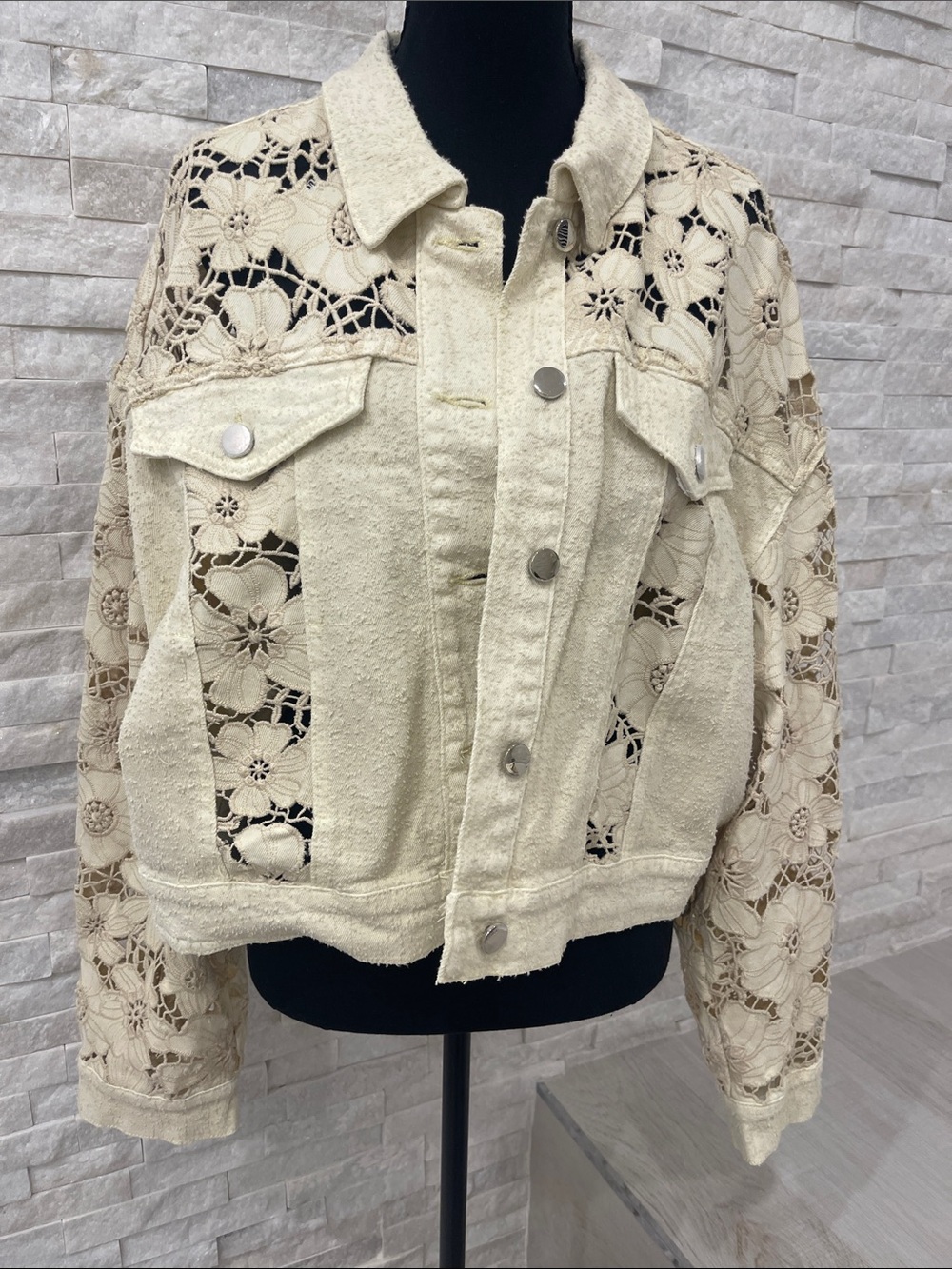 Women's Cream Crochet Panel Denim Jacket